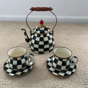MacKenzie-Childs Enamel Tea Kettle and teacups